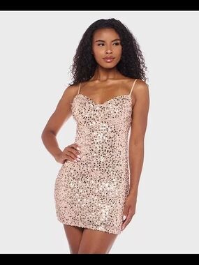 Alex And Sophia Sequin Spaghetti Strap Mini Dress in Rose Gold Size S